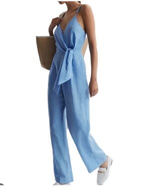 Reiss Emily Linen Side Tie Jumpsuit in Blue Size 8